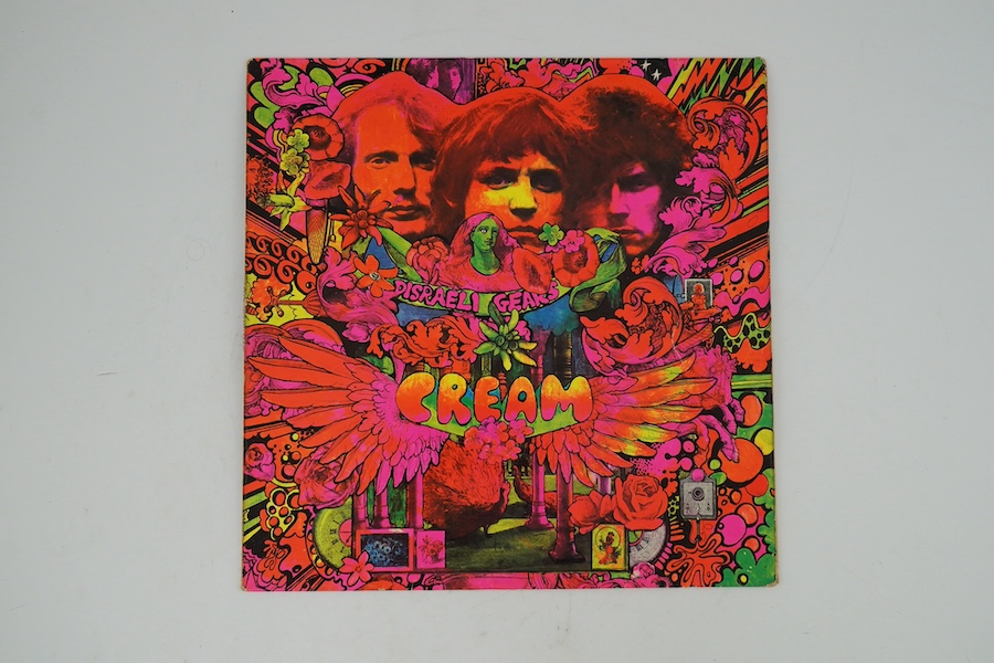 Four Cream related LP record albums; Disraeli Gears stereo on Reaction 594003, with fully laminated cover, Wheels of Fire, Fresh Cream, Full Cream. Condition - fair, minor wear to the covers and scratches to vinyl